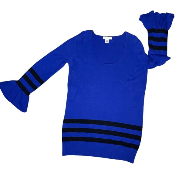 Newport News Women's Cobalt Blue/Black Scoop Neck Tunic Mini Dress Bell Sleeve L - Picture 5 of 8